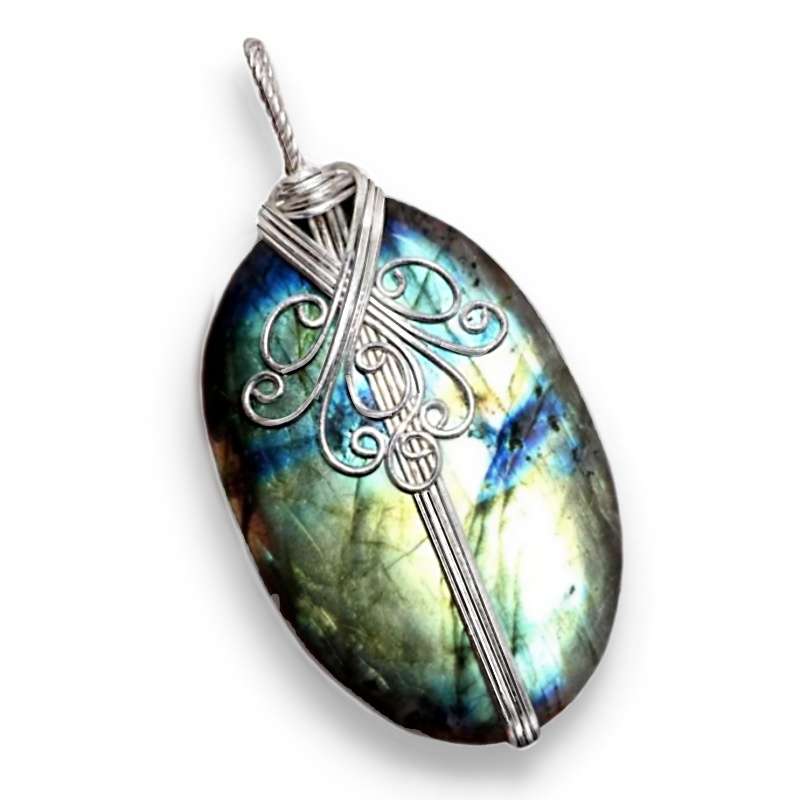 Natural Luminescent Labradorite Oval Gemstone in .925 Sterling Silver Wire Handmade Pendant