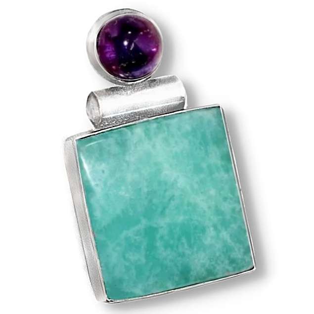 Natural Peruvian Amazonite and Purple Amethyst Gemstone in .925 Sterling Silver Plated Pendant
