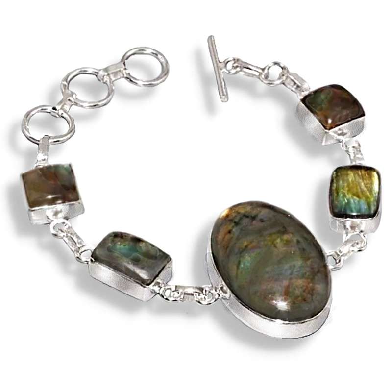 Natural Labradorite Mixed Shape Gemstones set in .925 Sterling Silver Plated Handmade Bracelet