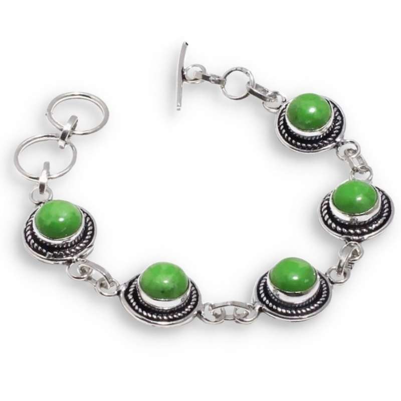 Natural Green Copper Turquoise Round Gemstones  set in Silver Plated Antique Style Bracelet