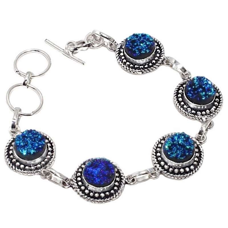 Titanium Druzy Gemstone set in .925 Sterling Silver Plated Handmade Antique Style Bracelet
