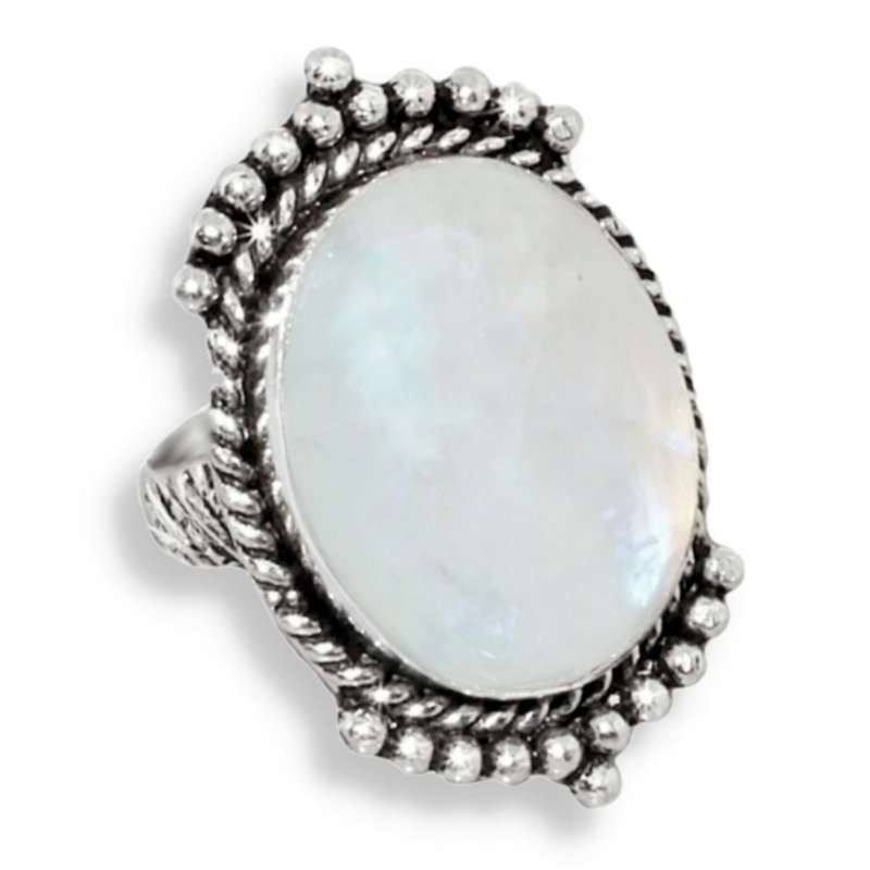 Antique Style Handmade Natural Rainbow Moonstone .925 Sterling Silver Plated Ring Size 7 or O