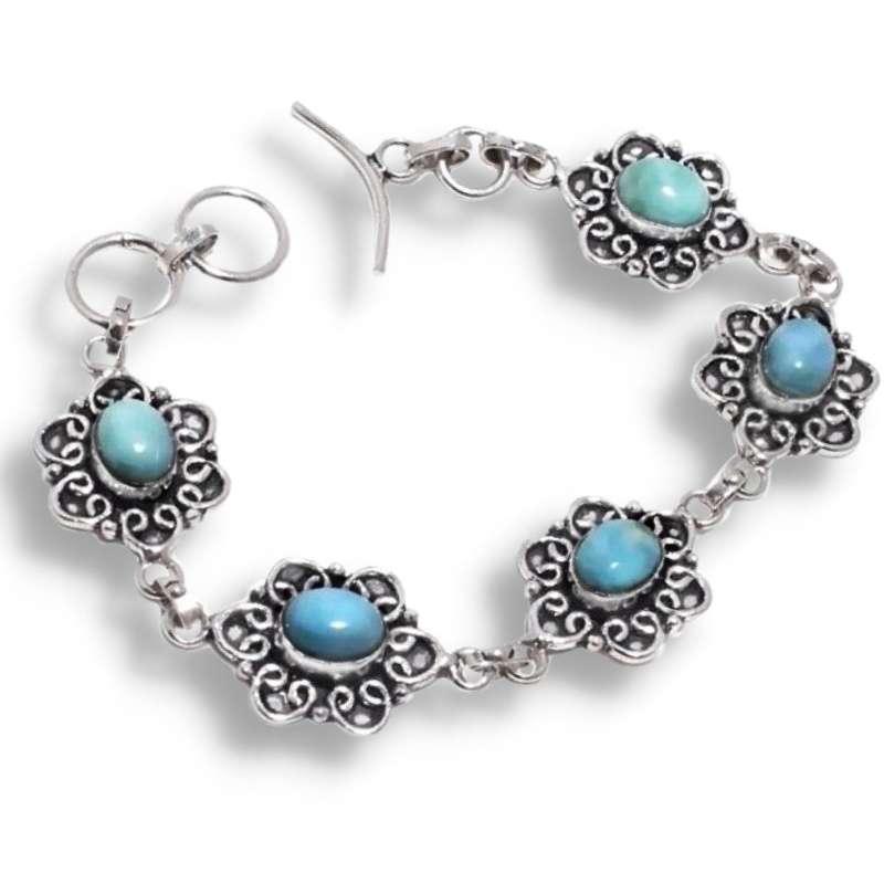 Natural Larimar Oval Gemstones in Antique Setting of .925 Sterling Silver Plated Handmade Bracelet
