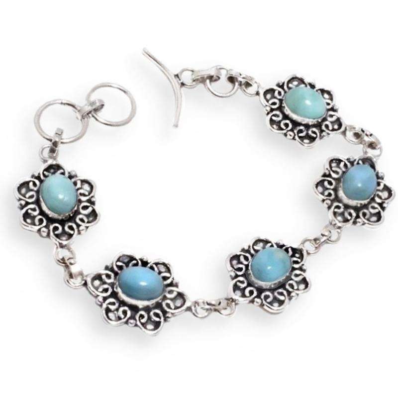 Natural Larimar Oval Gemstones in Antique Setting of .925 Sterling Silver Plated Handmade Bracelet