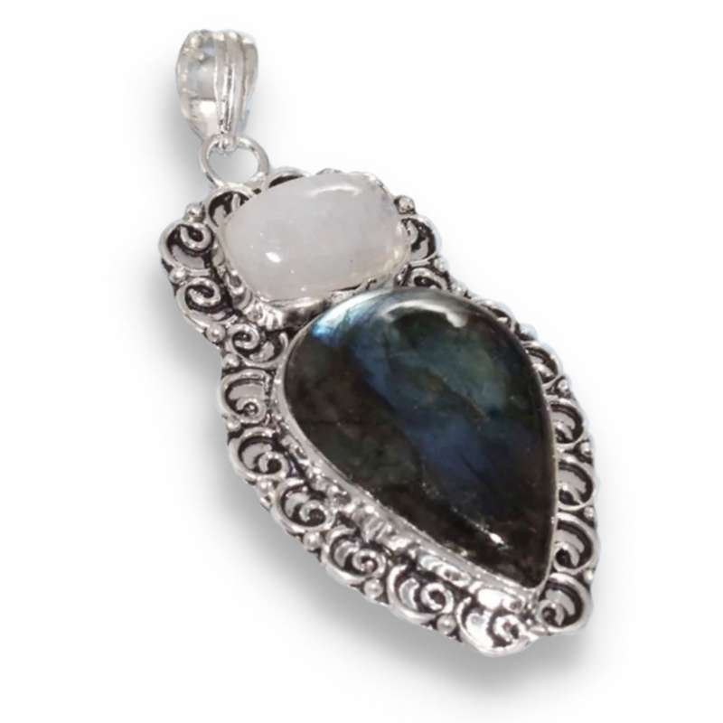 Natural Blue Fire Labradorite and Moonstone in .925 Sterling Silver Plated Antique Style Pendant