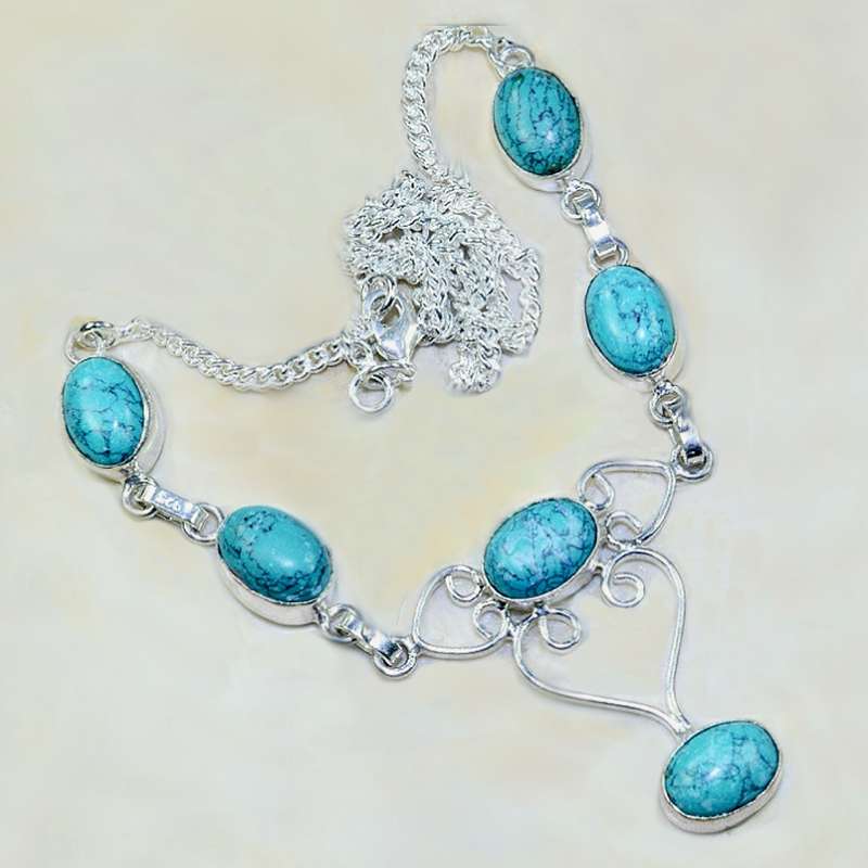 Spider Web Matrix Turquoise set in Antique Style .925  Sterling Silver Plated Handmade Necklace