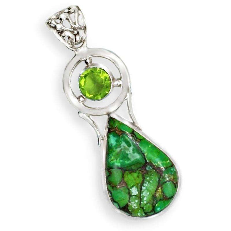 Natural Copper Green Turquoise and Peridot set in Solid 925  Sterling Silver Pendant