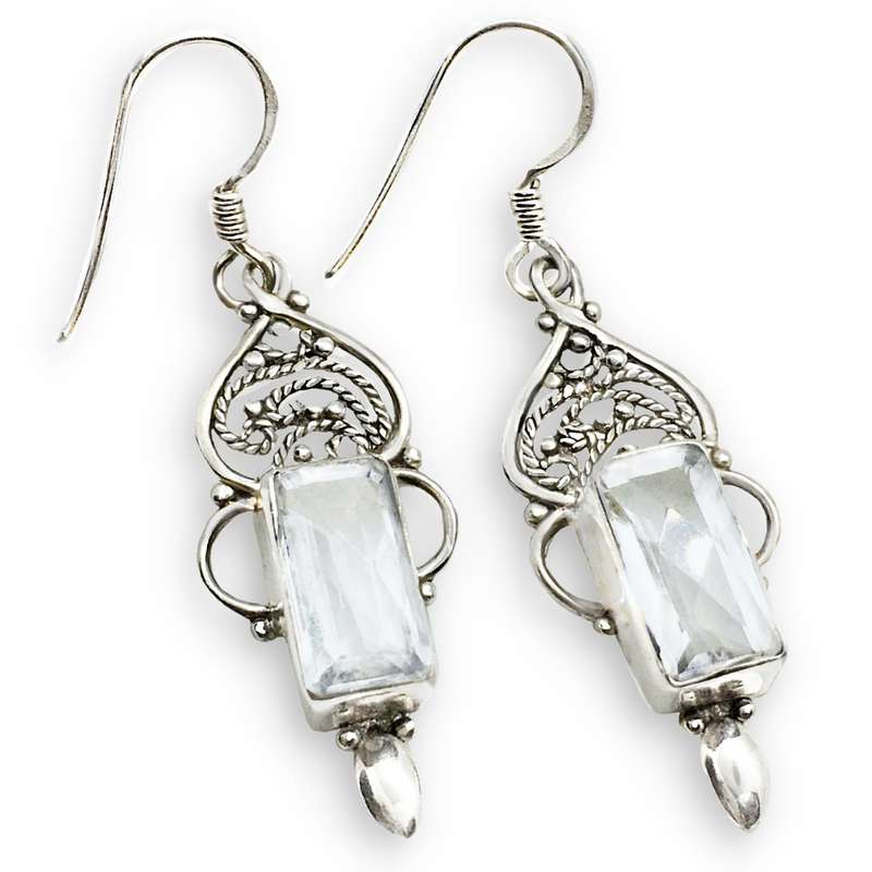 Indonesian Bali Java- Natural White Topaz set in Solid .925 Sterling Silver Earrings
