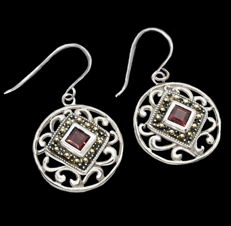 22.3 CT Natural Garnet Gemstone and Swiss Marcasite set in Solid .925 Sterling Silver Earrings
