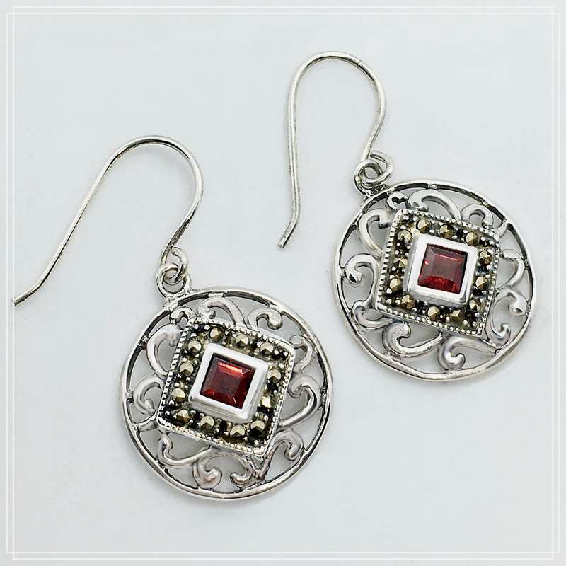 22.3 CT Natural Garnet Gemstone and Swiss Marcasite set in Solid .925 Sterling Silver Earrings