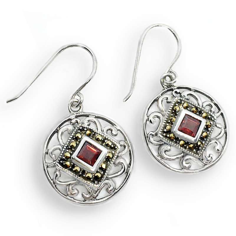 22.3 CT Natural Garnet Gemstone and Swiss Marcasite set in Solid .925 Sterling Silver Earrings