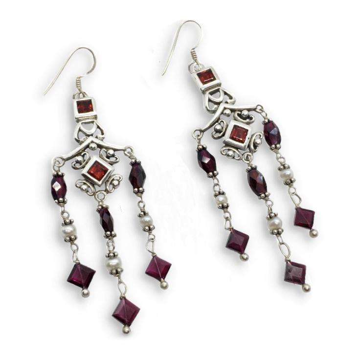 Natural Deep Red Mozambique, Rhodolite Garnet, Seed Pearl in Solid .925 Sterling Silver Earrings