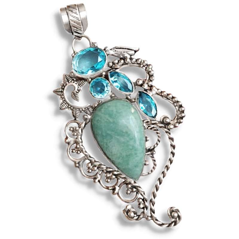 Natural Aquamarine & Blue Quartz Gemstone in 925 Sterling Silver Plated Antique Style Pendant