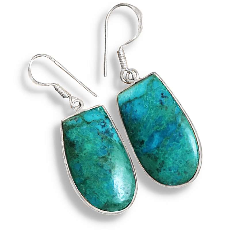 Natural Chrysocolla Gemstone  set in Solid. 925 Sterling Silver Earrings