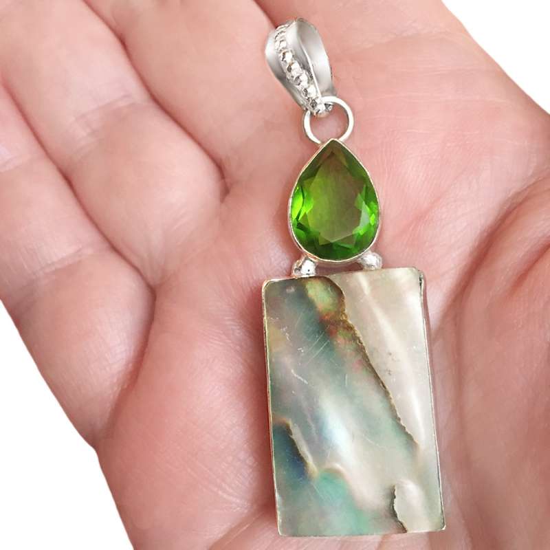 Natural New Zealand Abalone and Peridot Gemstone Set in 925 Sterling Silver Plated Handmade Pendant