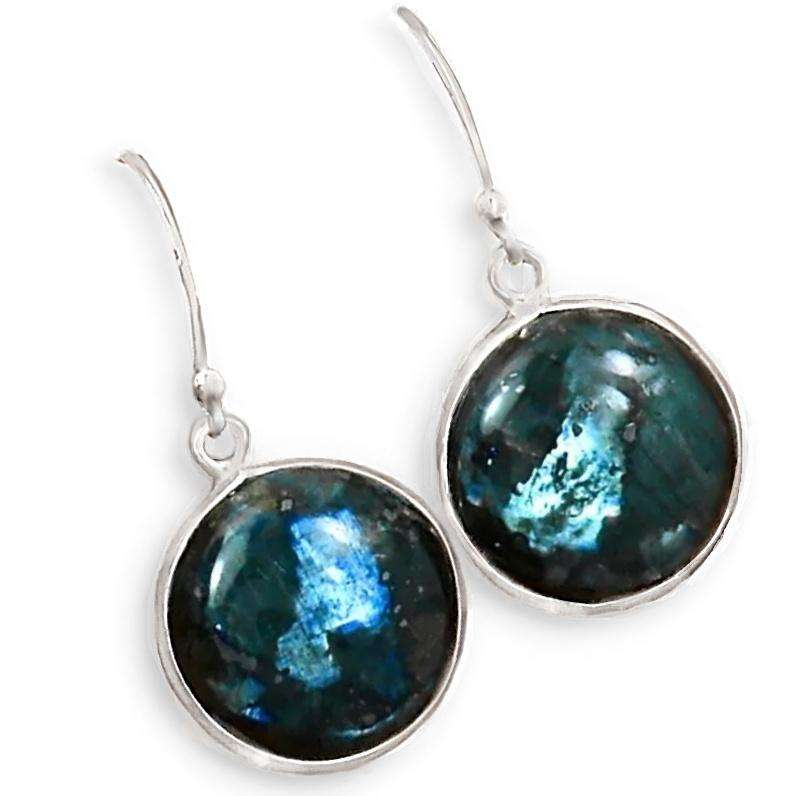 Natural Larvikite -Black Moonstone Cabochon Gemstone set in Solid .925 Sterling Silver Earrings