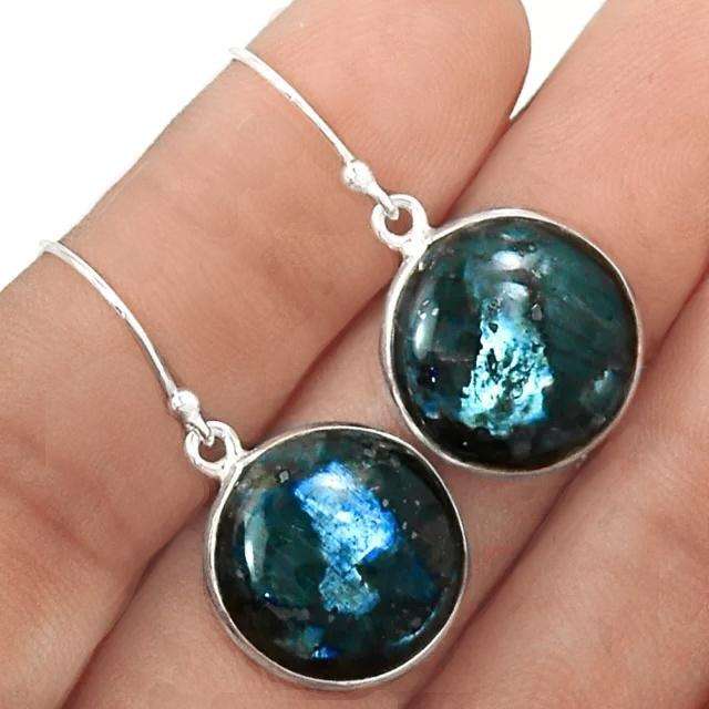 Natural Larvikite -Black Moonstone Cabochon Gemstone set in Solid .925 Sterling Silver Earrings