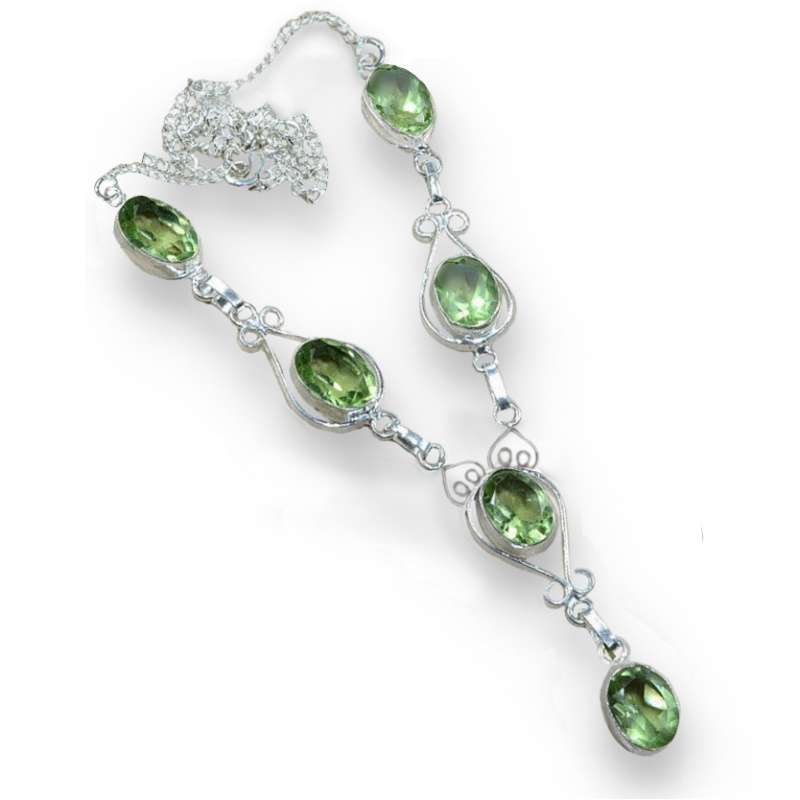 Green Amethyst Faceted Gemstone Ovals set in .925 Sterling Silver Pated Handmade Necklace