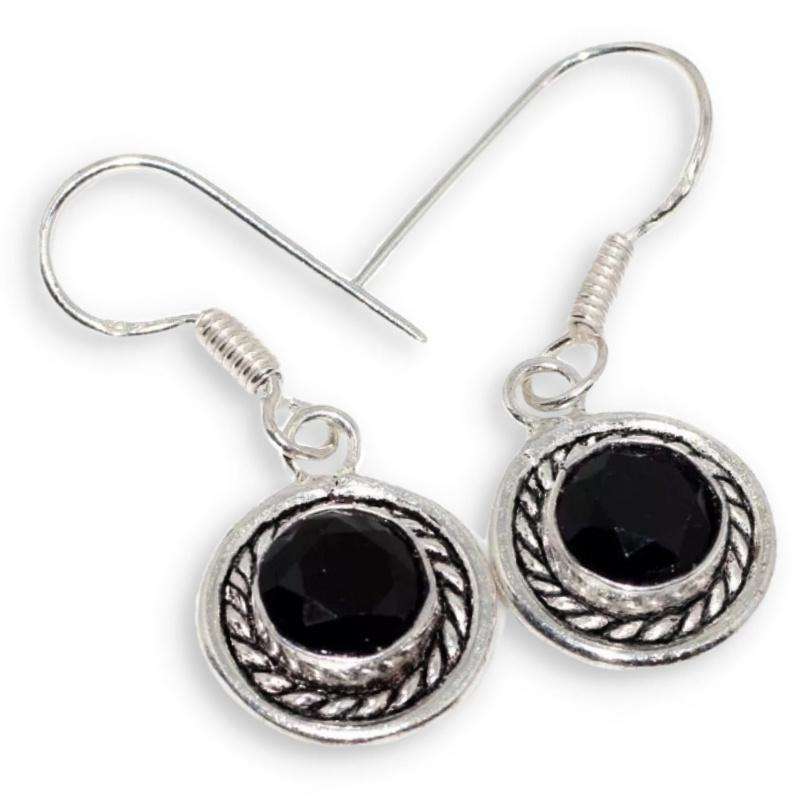 Black Onyx Round set in .925 Sterling Silver Plated Antique Style Dainty Earrings