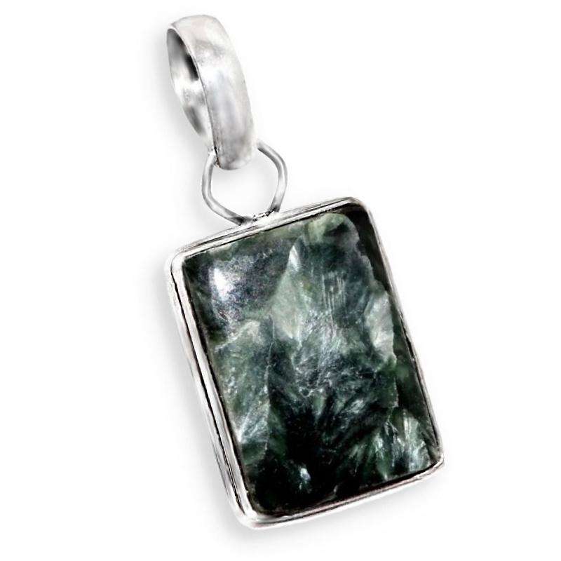 Natural Seraphinite Rectangle Gemstone set in .925 Sterling Silver Plated Handmade Pendant
