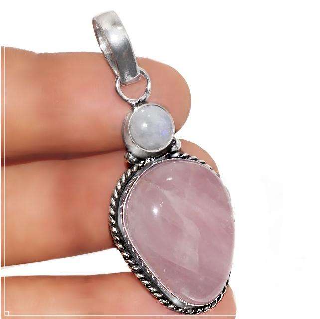 Natural Rose Quartz and Moonstone Gemstone .925 Sterling Silver Plated Pendant