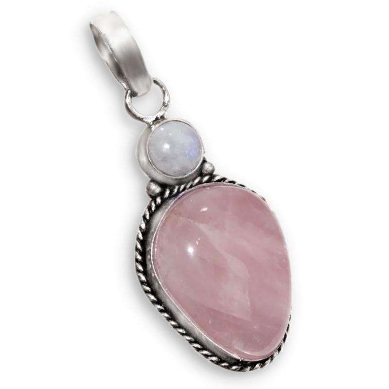 Natural Rose Quartz and Moonstone Gemstone .925 Sterling Silver Plated Pendant