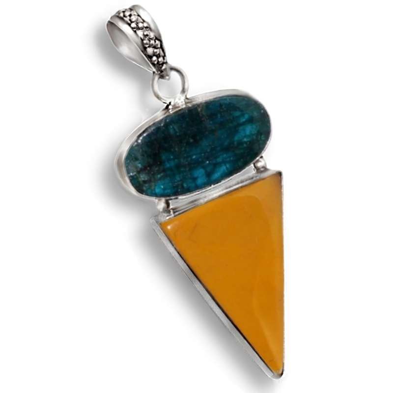 Natural Blue Apatite Oval and Mookaite Gemstone set in .925 Sterling Silver Plated Handmade Pendant