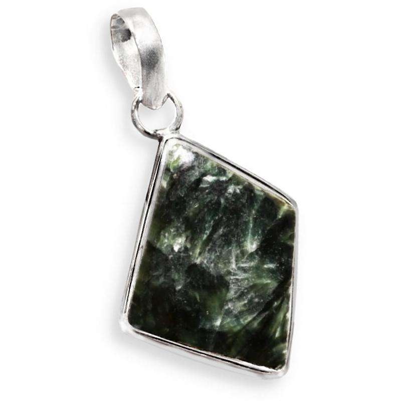 Natural Seraphinite Diamond Shape Gemstone set in .925 Sterling Silver Plated Handmade Pendant
