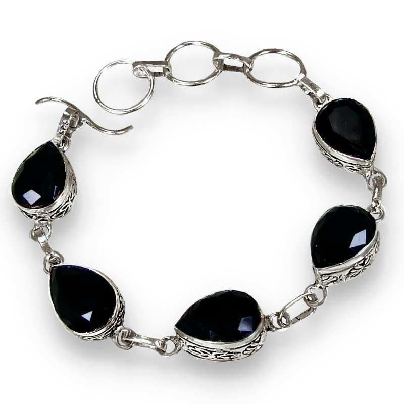 Faceted Black Onyx Pear Shapes set in .925 Sterling Silver Plated Antique Style Handmade Bracelet