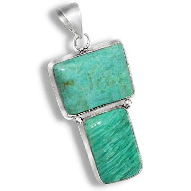 Natural Peruvian Amazonite Geometric Gemstones set in .925 Sterling Silver Plated Handmade Pendant
