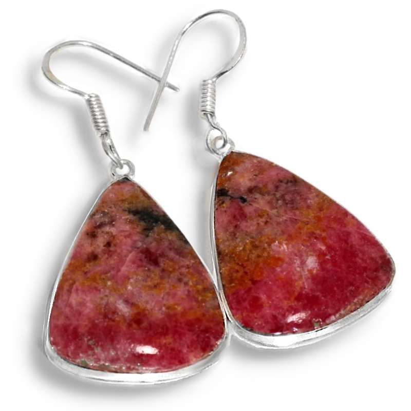Natural Rhodonite Triangle Gemstone set in 925 Sterling Silver Plated Handmade Earrings