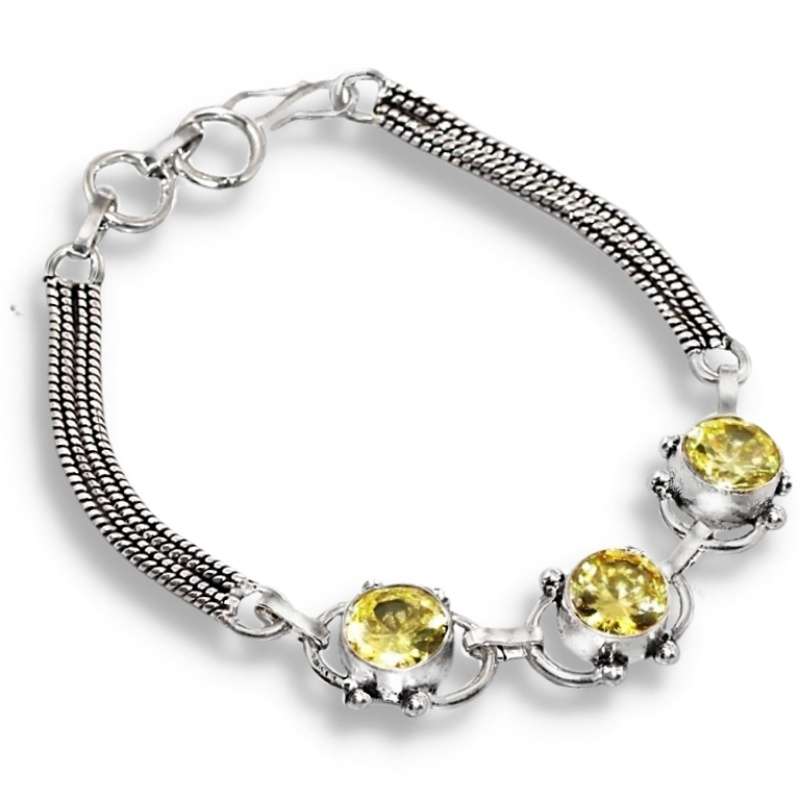 Lemon Citrine Faceted Round Gemstones set in .925 Sterling Silver Plated Handmade Bracelet