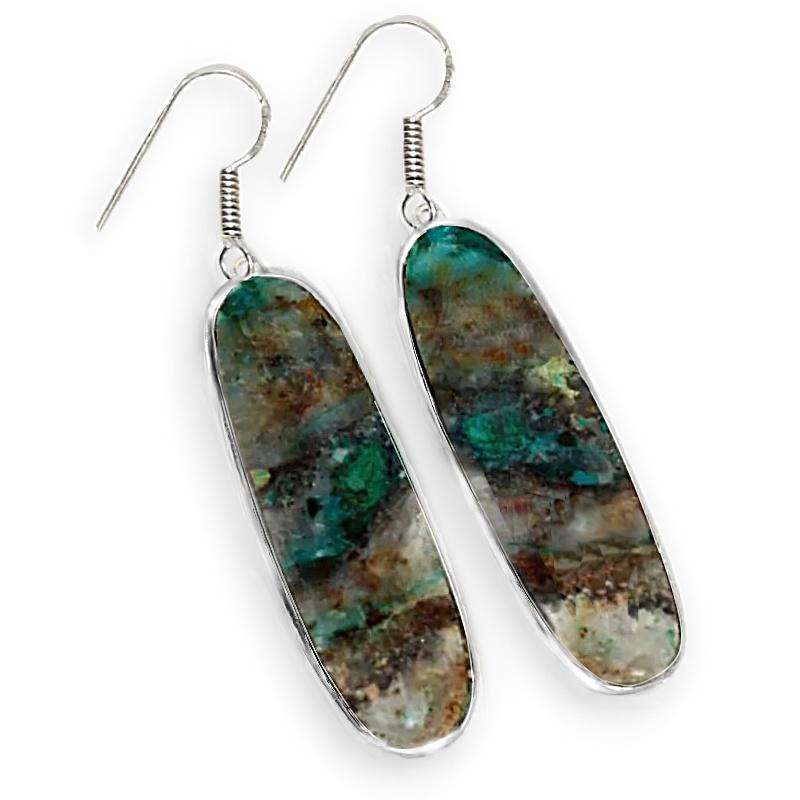 Natural Chrysocolla Long Oval Gemstone set in .925 Sterling Silver Plated Handmade Earrings