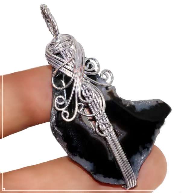Natural Agate Geode Slice Gemstone with 925 Sterling Silver Plated Wire Handmade Pendant