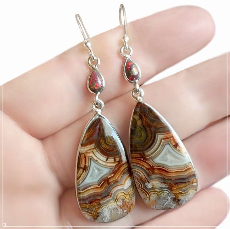 Spectacular Natural Mexican Laguna Lace Agate, Fire Opal Gemstone 925 Silver Earrings