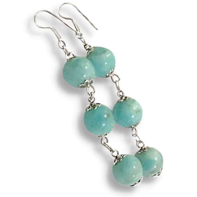 Natural Peruvian Amazonite Round Gemstone set in 925 Sterling Silver Plated Handmade Earrings
