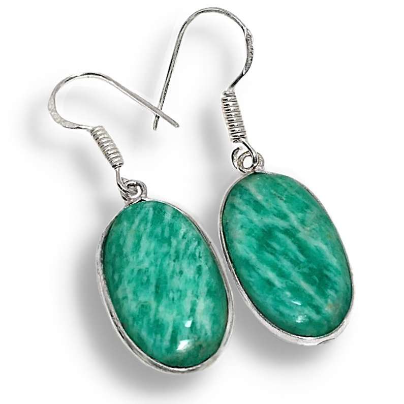 Natural Peruvian Amazonite Oval Gemstone set in .925 Sterling Silver Plated Handmade Earrings