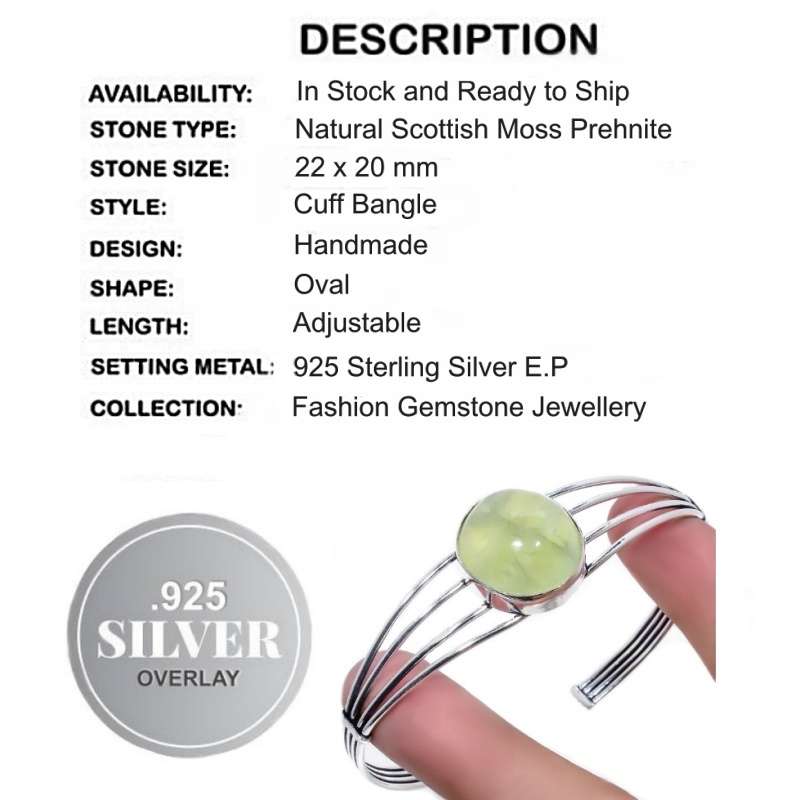 Natural Scottish Moss Prehnite Oval Gemstone in 925 Sterling Silver Plated Adjustable Cuff Bangle