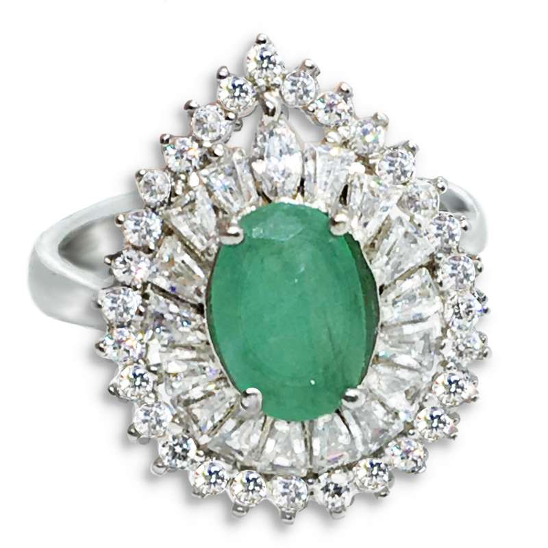 25.80 Cts Natural Zambian Emerald, Cubic Zirconia Solid .925 Silver Size 7 or O