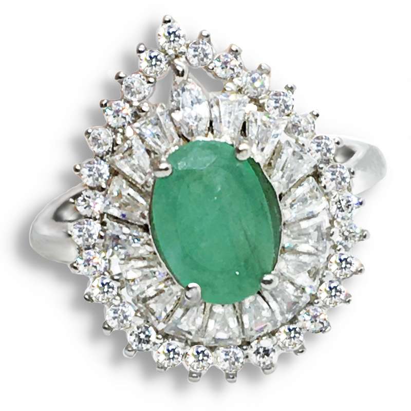 25.80 Cts Natural Zambian Emerald, Cubic Zirconia Solid .925 Silver Size 7 or O
