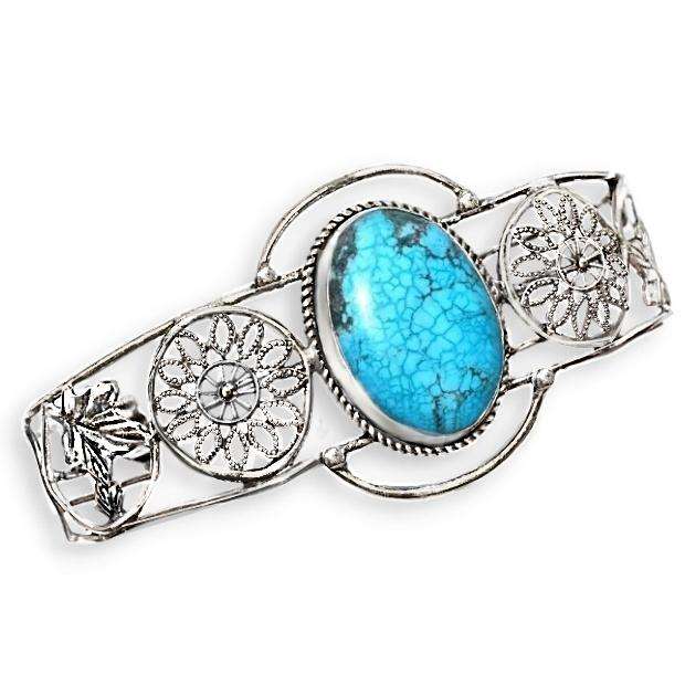 Indonesian Bali Java -Natural Oval Turquoise Gemstone .925 Sterling Silver Plated Cuff Bangle
