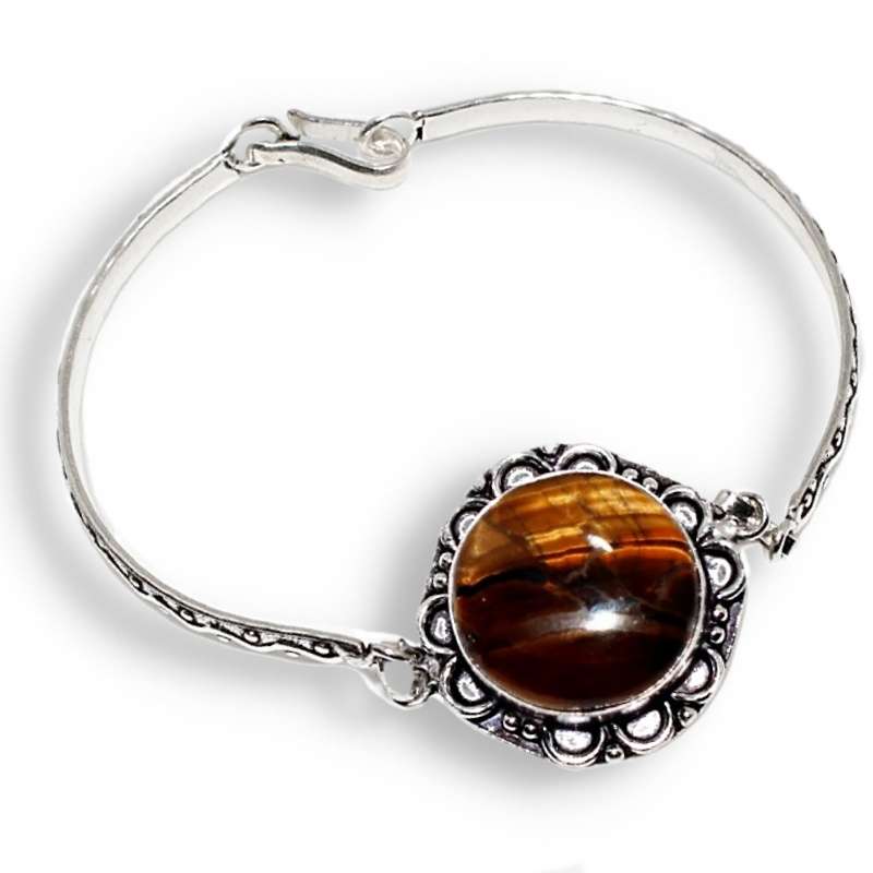 Antique Style Natural Tigers Eye Gemstone .925 Sterling Silver Plated Bracelet