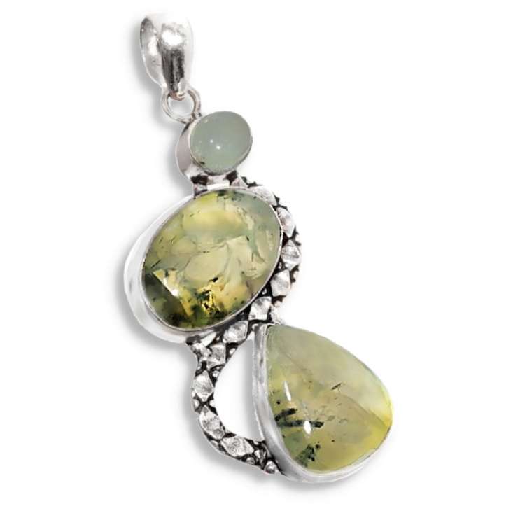 Natural Scottish Moss Prehnite Mixed Shape Gemstones .925 Sterling Silver Plated Pendant