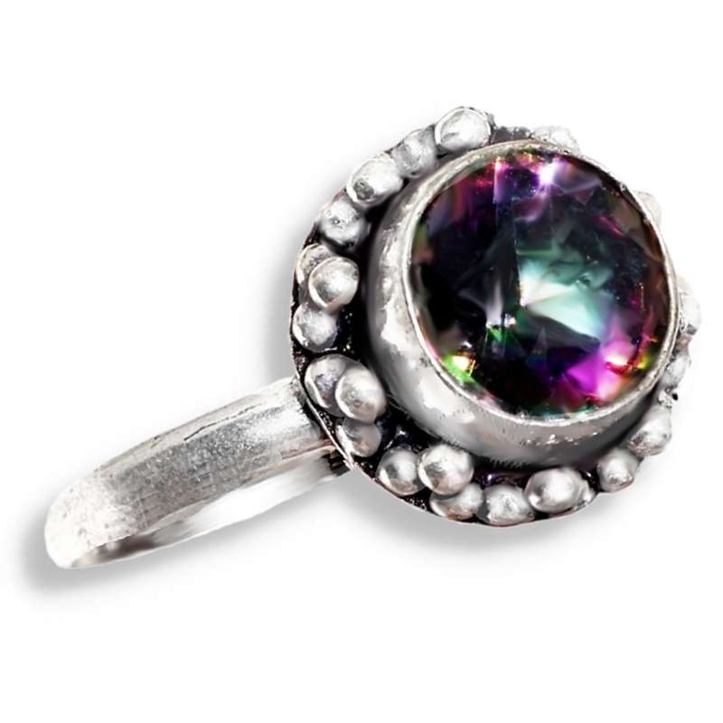 Dainty Mystic Rainbow Topaz Round set in .925 Sterling Silver Plated Handmade Ring Size 8.5 / Q 1/2