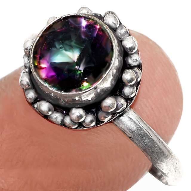 Dainty Mystic Rainbow Topaz Round set in .925 Sterling Silver Plated Handmade Ring Size 8.5 / Q 1/2