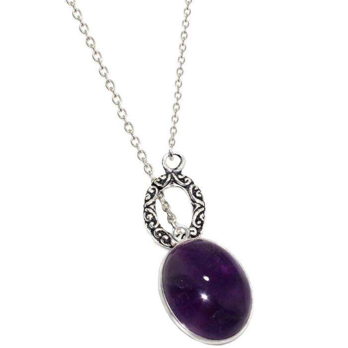 Natural Purple Amethyst Oval set in .925 Sterling Silver Plated Antique Style Dainty Necklace