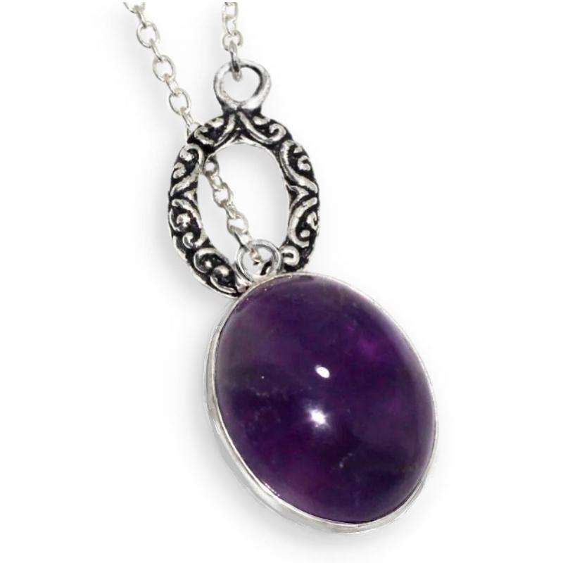 Natural Purple Amethyst Oval set in .925 Sterling Silver Plated Antique Style Dainty Necklace