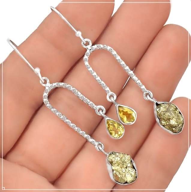 Natural Peruvian Pyrite Rough Nugget ,Citrine set in Solid .925 Sterling Silver Drop Dangle Earrings