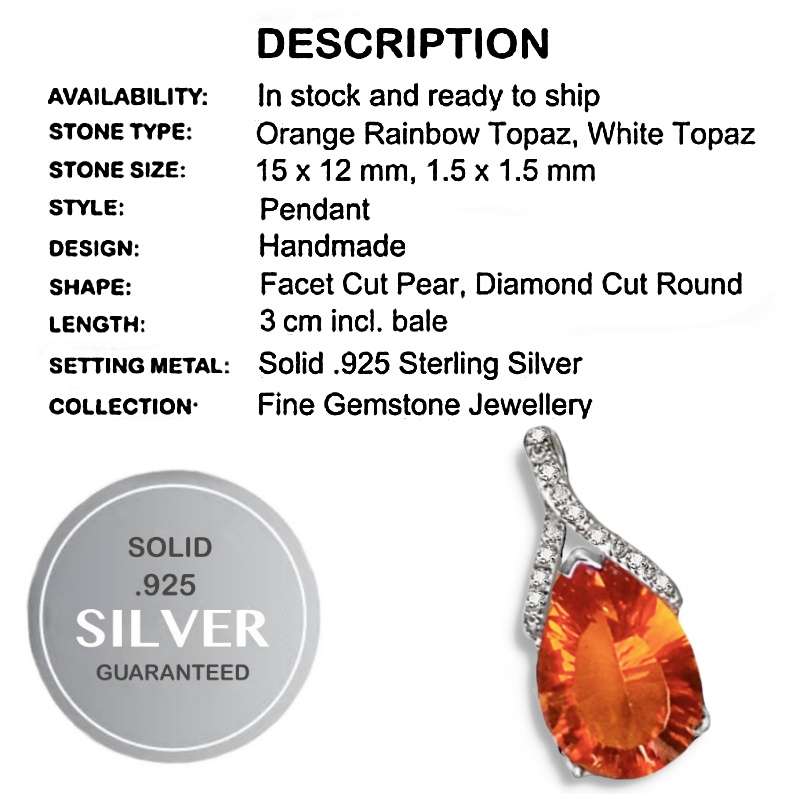 Deluxe Natural Orange Rainbow Topaz, White Topaz Solid .925 Sterling Silver Pendant