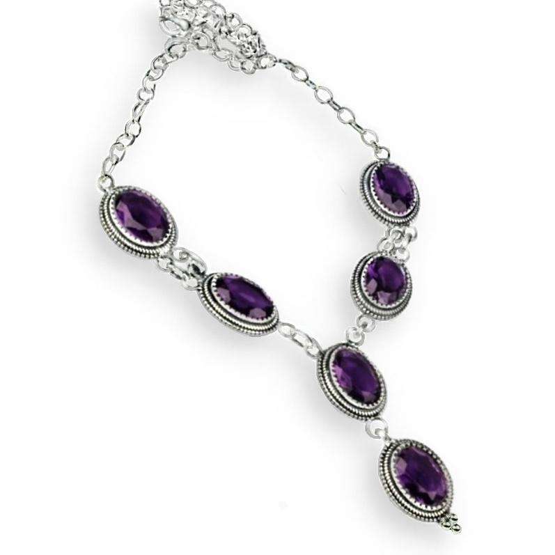 Handmade Antique Style Purple Amethyst Gemstone .925 Sterling Silver Plated Necklace